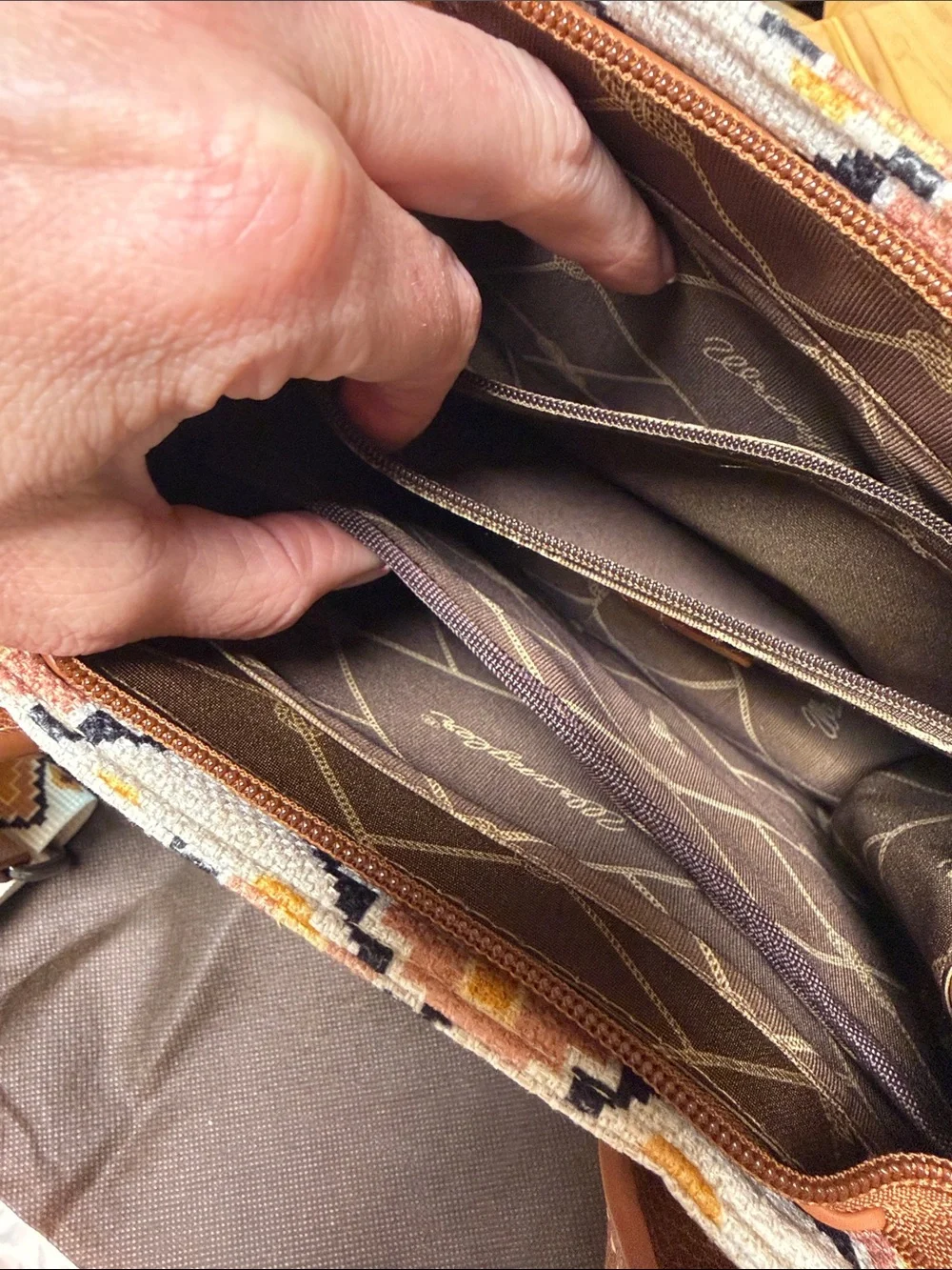 Wrangler Brown, Cream & Yellow Patterned Satchel with Detachable Strap